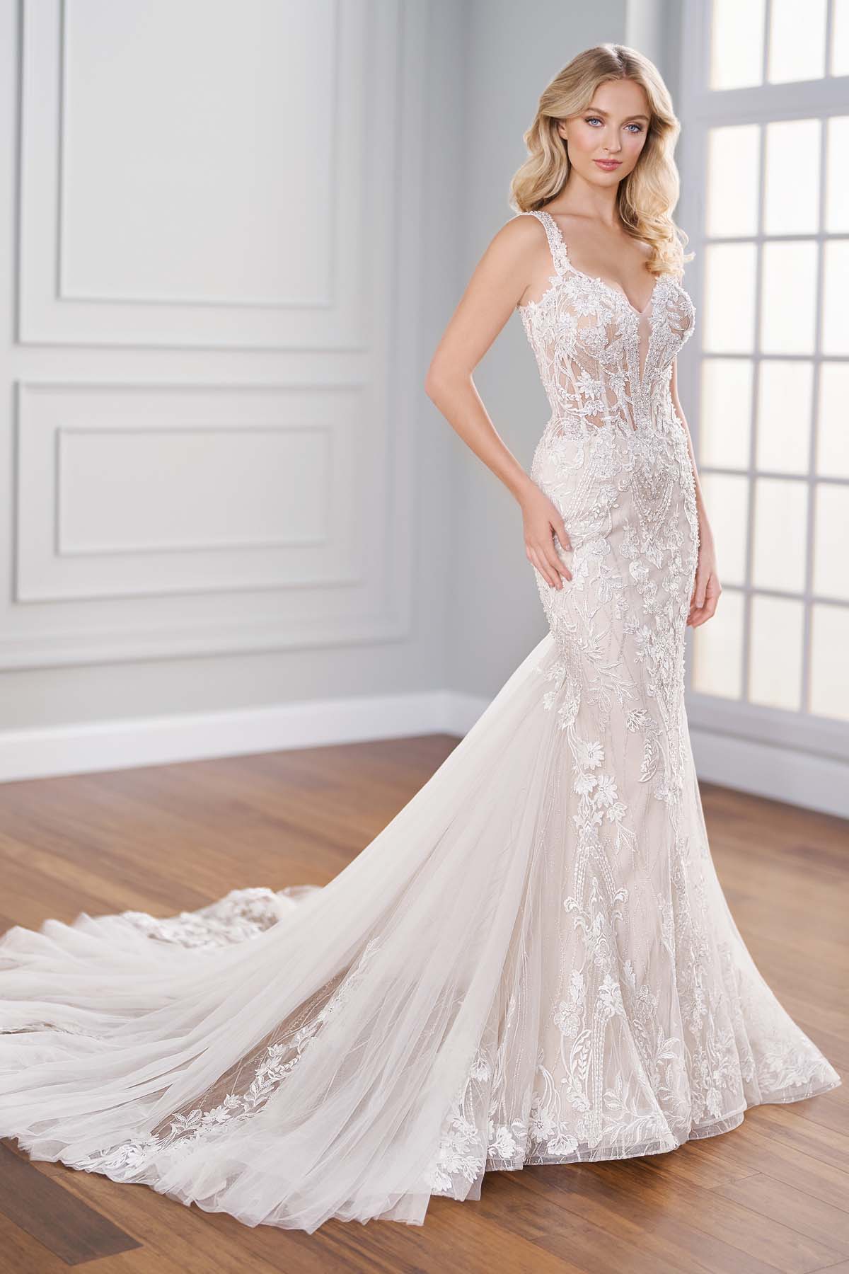 Branson lace fit and flare wedding dress with plunge sweetheart neckline and beaded Schiffli lace – Martin Thornburg 122231