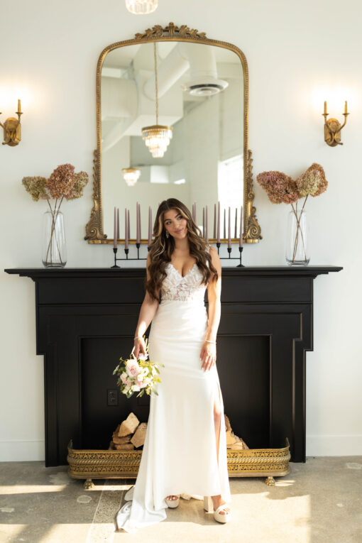 tella York wedding gown 7701 crepe skirt side thigh‑high slit