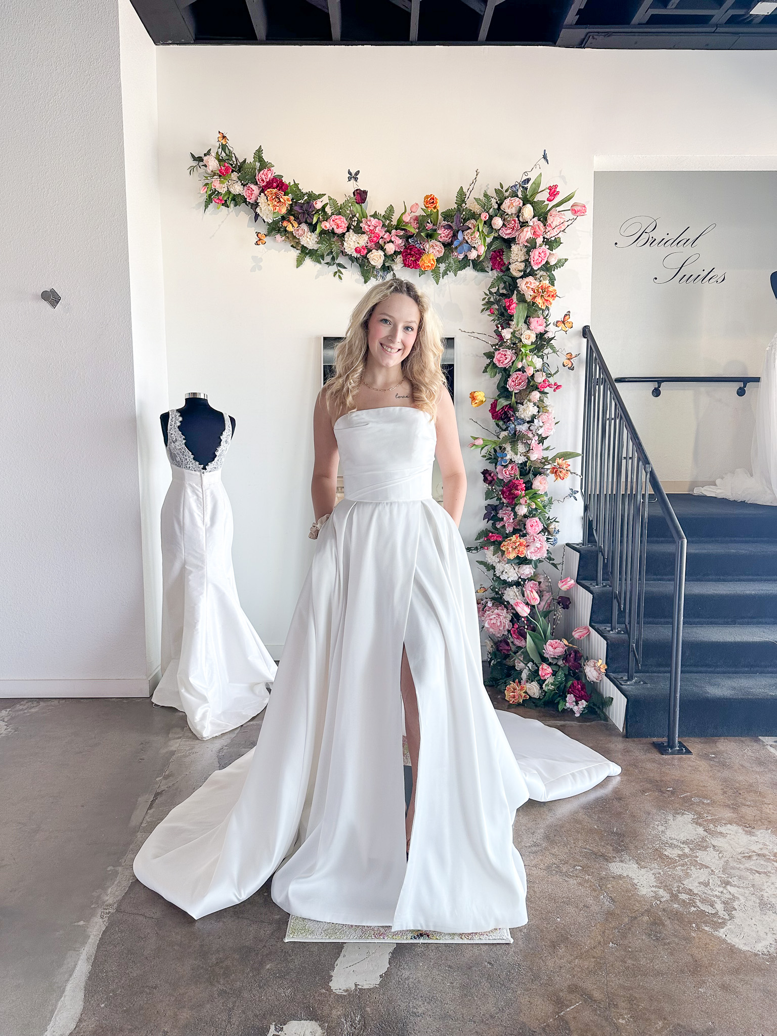 Model wearing a Haley Mai Bridal wedding dress at Bliss Bridal Salon in Fort Worth.