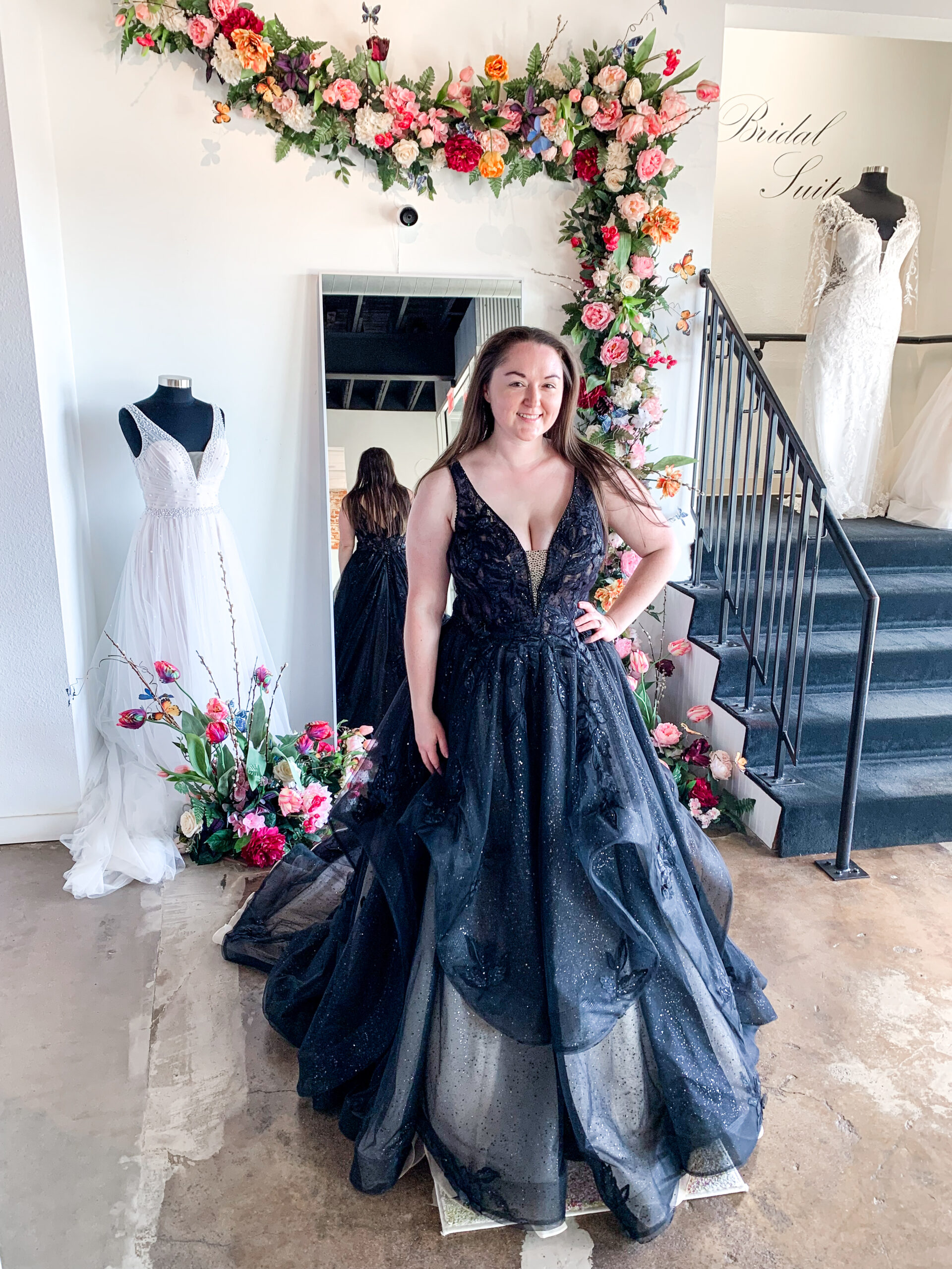 Model wearing a black wedding dress from the Bliss Noir Collection at Bliss Bridal Salon in Fort Worth.
