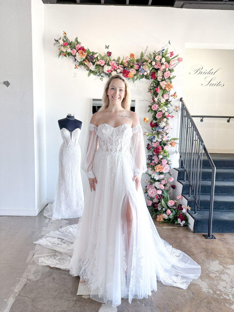 Model wearing a Haley Mai Bridal wedding dress at Bliss Bridal Salon in Fort Worth.