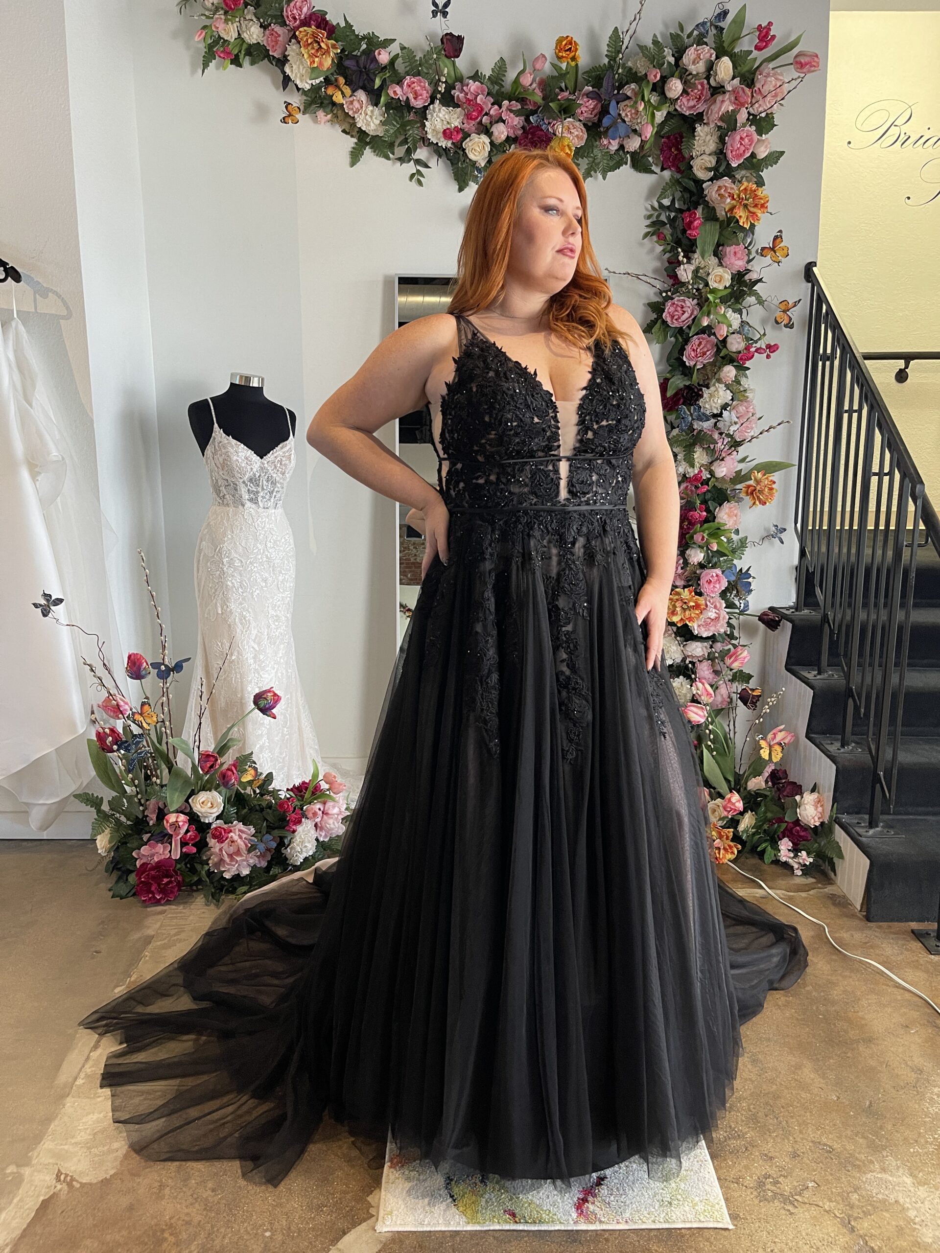 Model wearing a black wedding dress from the Bliss Noir Collection at Bliss Bridal Salon in Fort Worth.