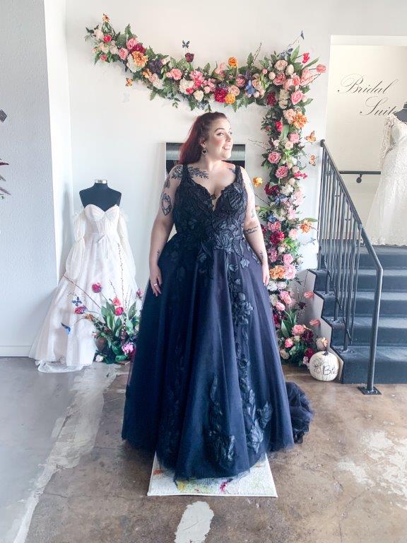 Model wearing a black wedding dress from the Bliss Noir Collection at Bliss Bridal Salon in Fort Worth.