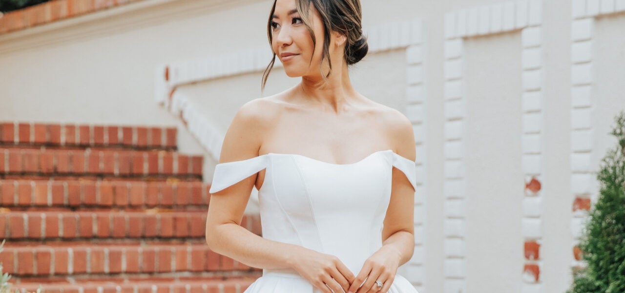 Essense of Australia Wedding Dress – Mikado Ballgown with Off-the-Shoulder Straps (Style D4110)