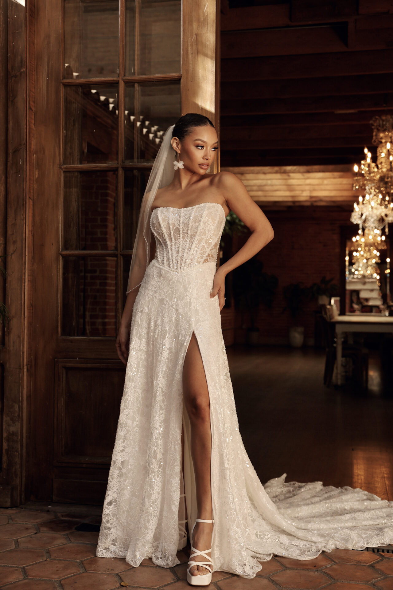 Essense of Australia wedding dress Style D4176 with strapless scoop neckline, sparkle lace, and high slit A-line skirt