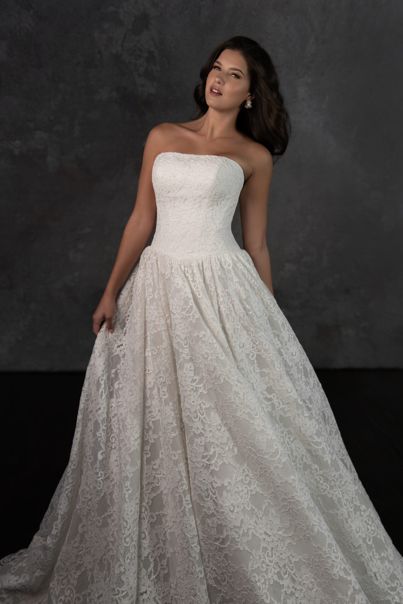 Essense of Australia wedding dress Style D4309 with strapless neckline, Chantilly lace bodice, and pleated A-line skirt