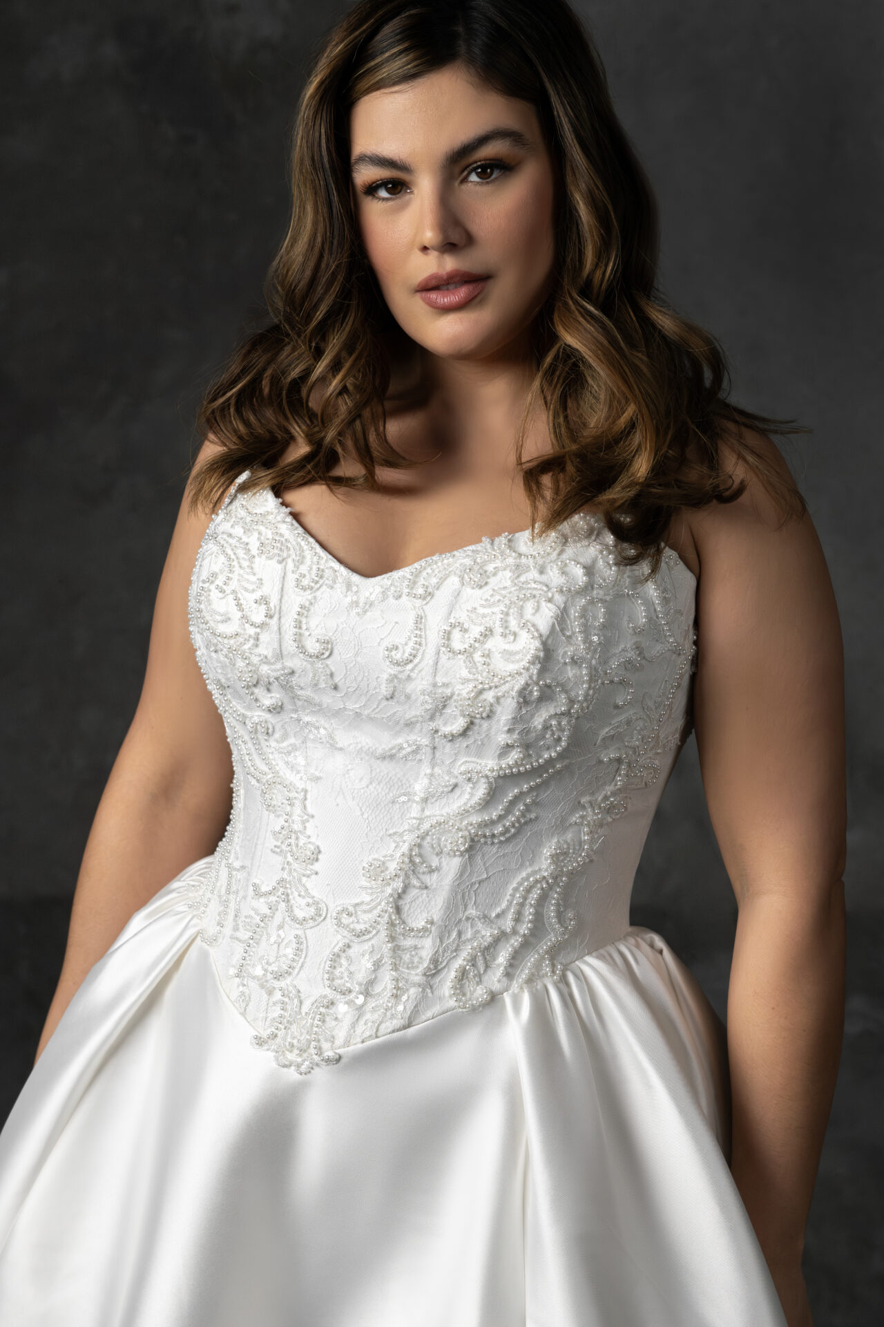 Essense of Australia wedding dress Style D4332 with pearl lace corset bodice and full Mikado ballgown skirt