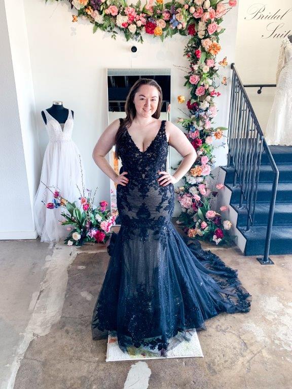 Model wearing a black wedding dress from the Bliss Noir Collection at Bliss Bridal Salon in Fort Worth.