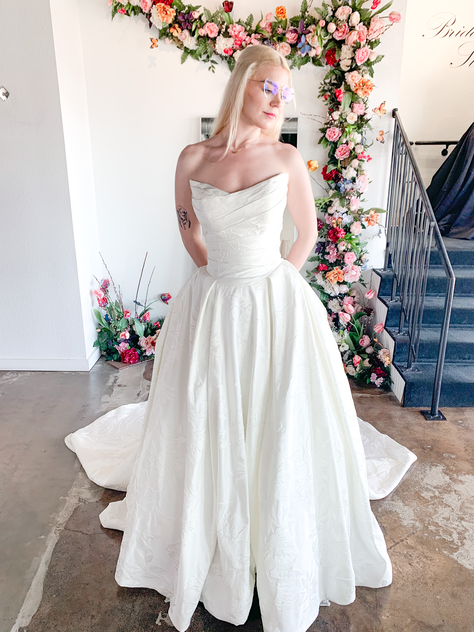 Model wearing a Haley Mai Bridal wedding dress at Bliss Bridal Salon in Fort Worth.