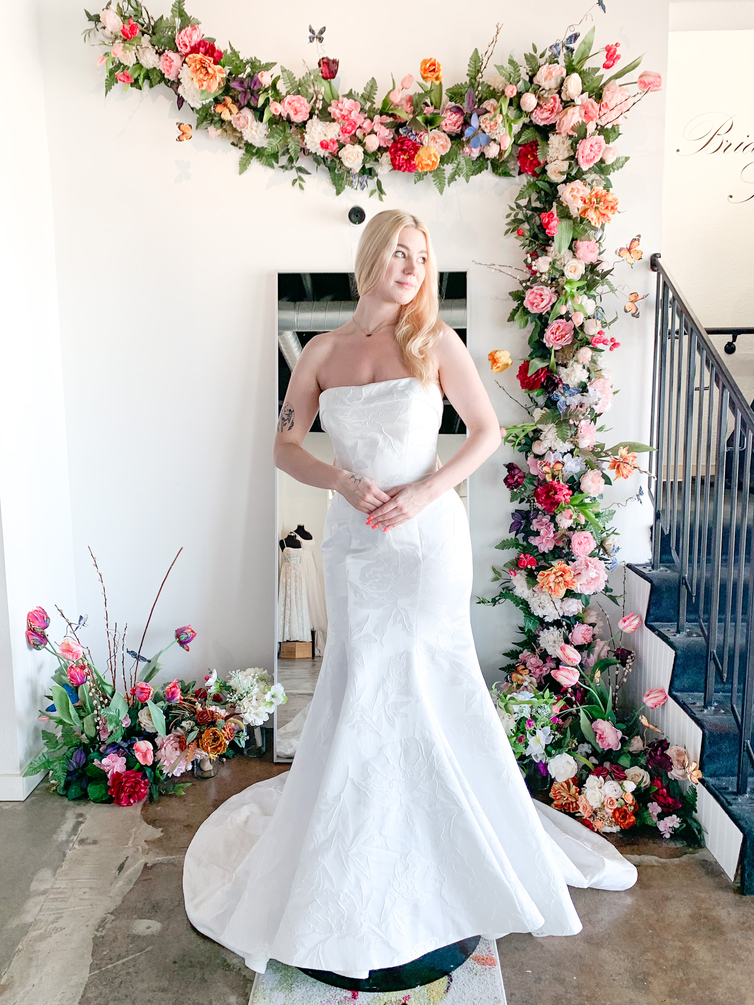 Model wearing a Haley Mai Bridal wedding dress at Bliss Bridal Salon in Fort Worth.