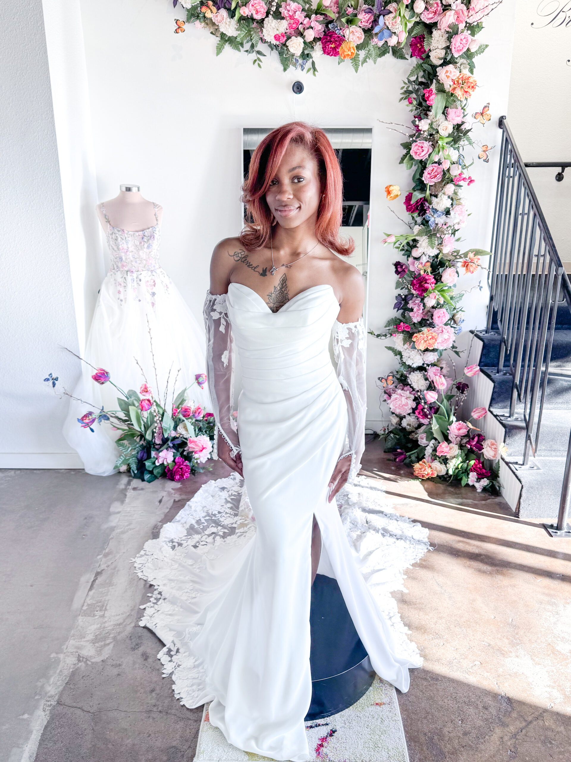 Model wearing a Haley Mai Bridal wedding dress at Bliss Bridal Salon in Fort Worth.
