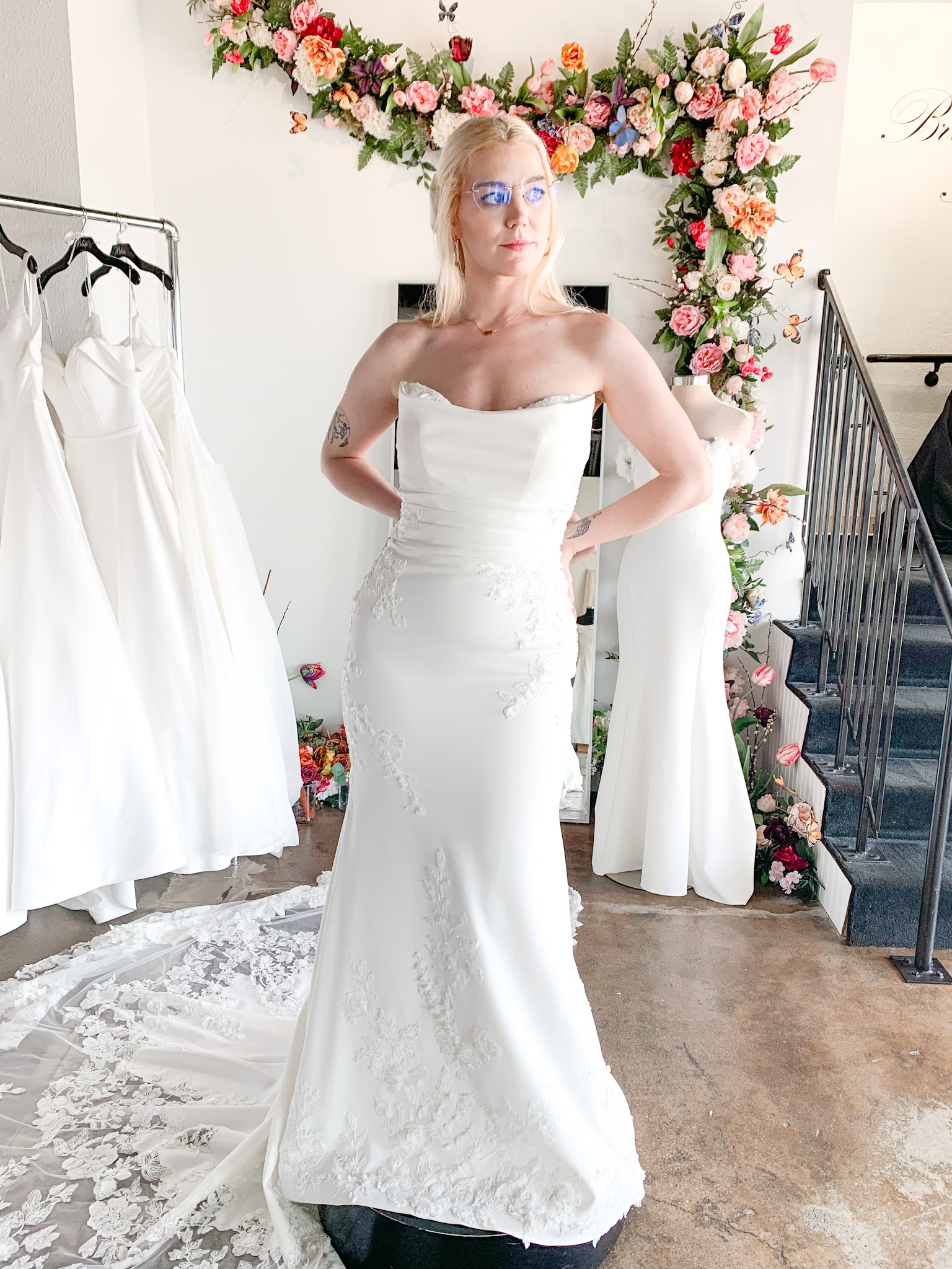 Model wearing a Haley Mai Bridal wedding dress at Bliss Bridal Salon in Fort Worth.