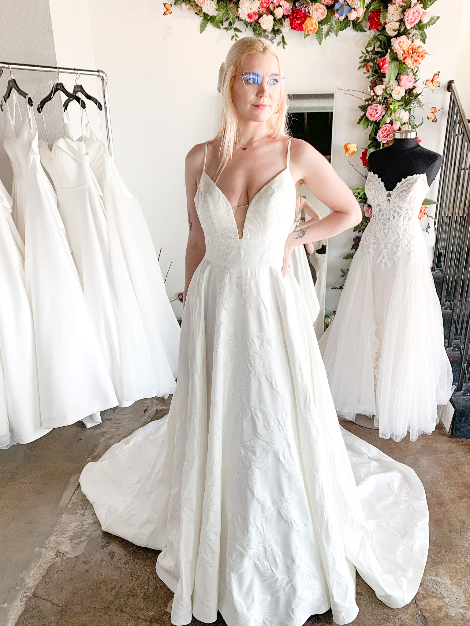 Model wearing a Haley Mai Bridal wedding dress at Bliss Bridal Salon in Fort Worth.