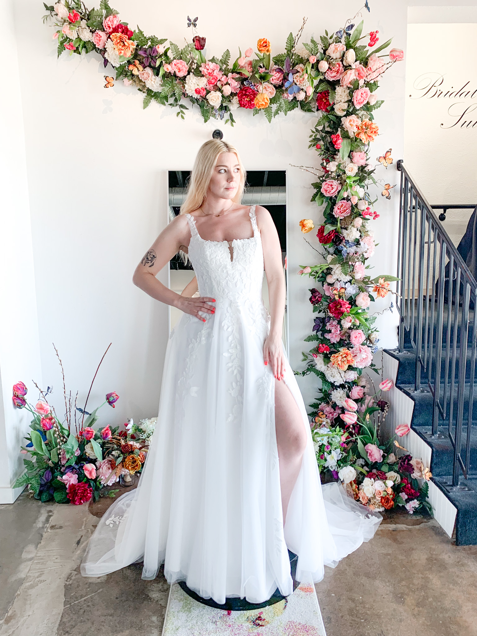 Model wearing a Haley Mai Bridal wedding dress at Bliss Bridal Salon in Fort Worth.
