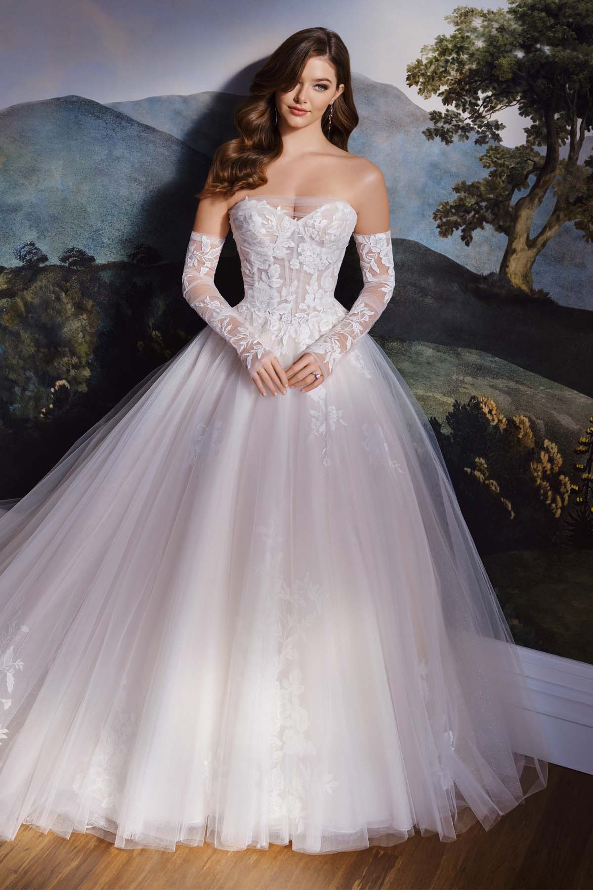 Bridal ball gown in ivory and sand featuring a soft-shimmer lace and tulle silhouette, sweetheart neckline, glitter illusion bodice, and matching gauntlet sleeves.