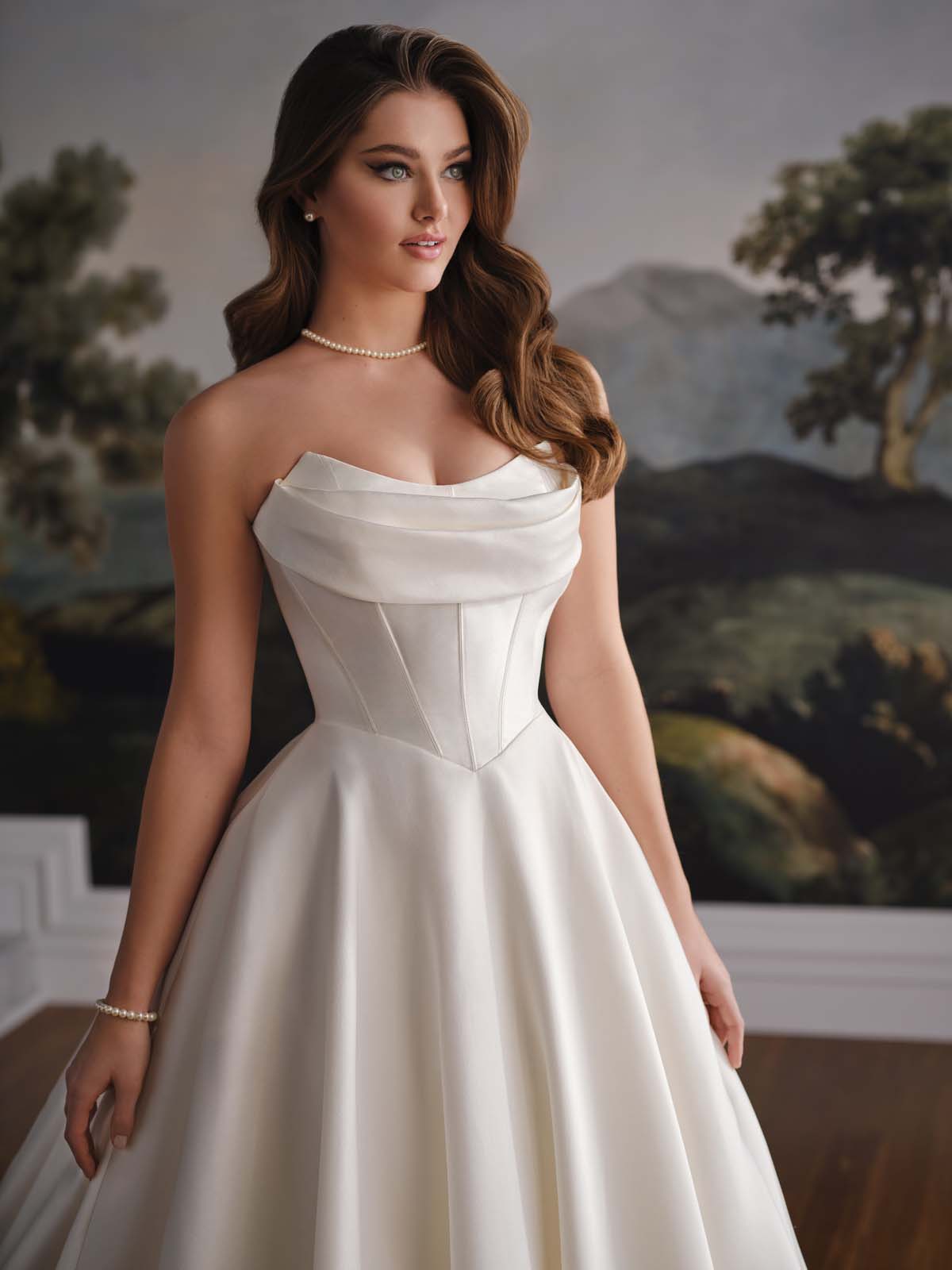 Martin Thornburg MT8109 satin strapless ball gown with sculpted neckline and dramatic dropped waist