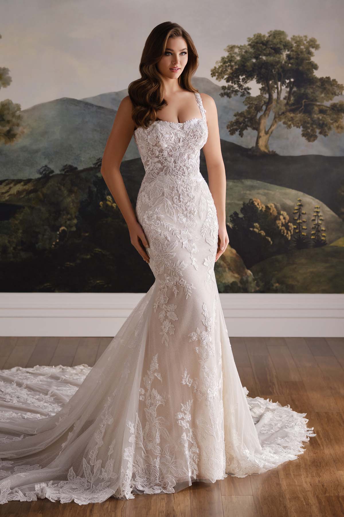 Ivory Martin Thornburg Tabitha MT8113 mermaid wedding dress in glitter‑tulle with sweetheart neckline, beaded lace appliqués, sequins, and elegant sweep train