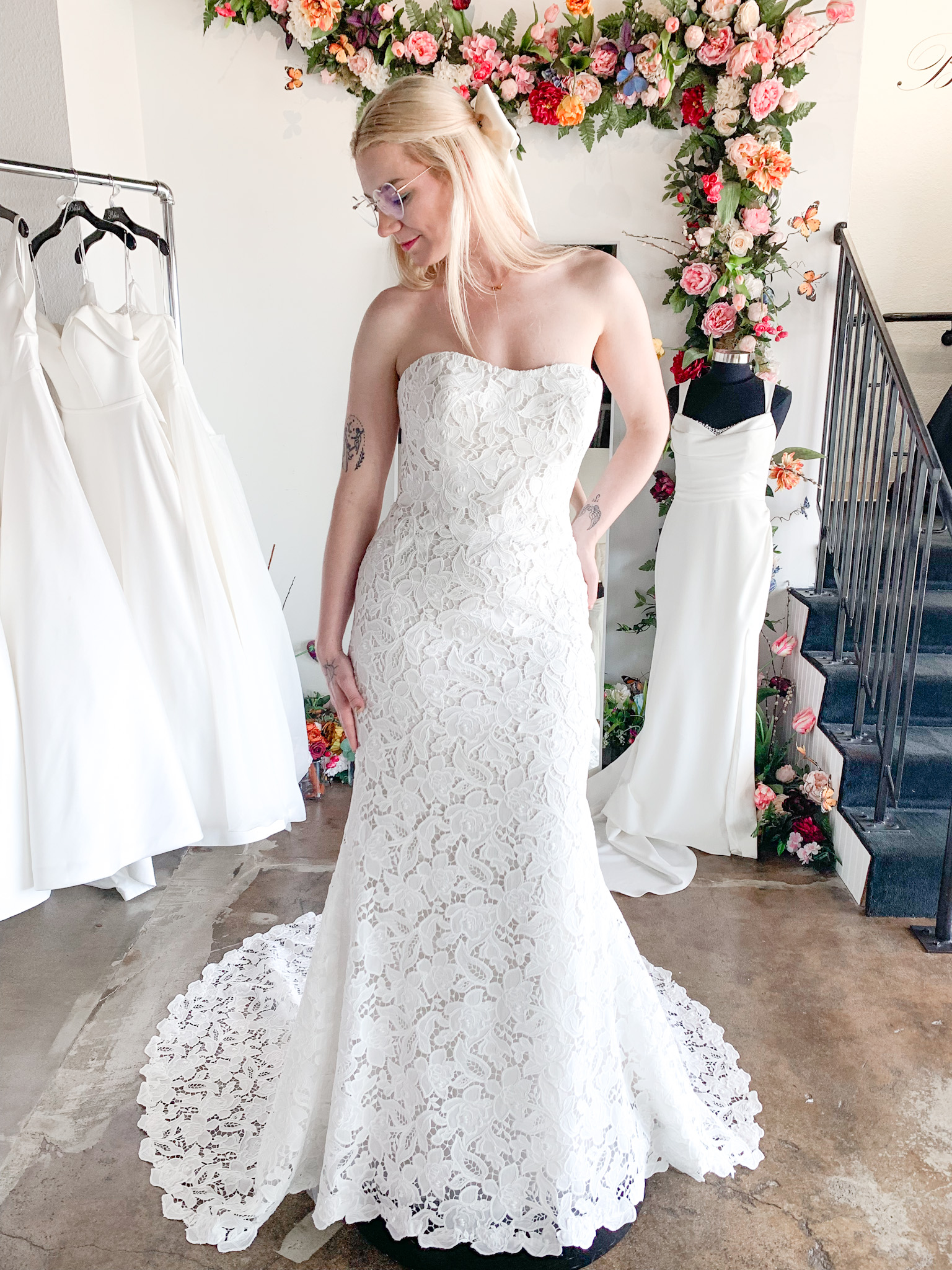 Model wearing a Haley Mai Bridal wedding dress at Bliss Bridal Salon in Fort Worth.