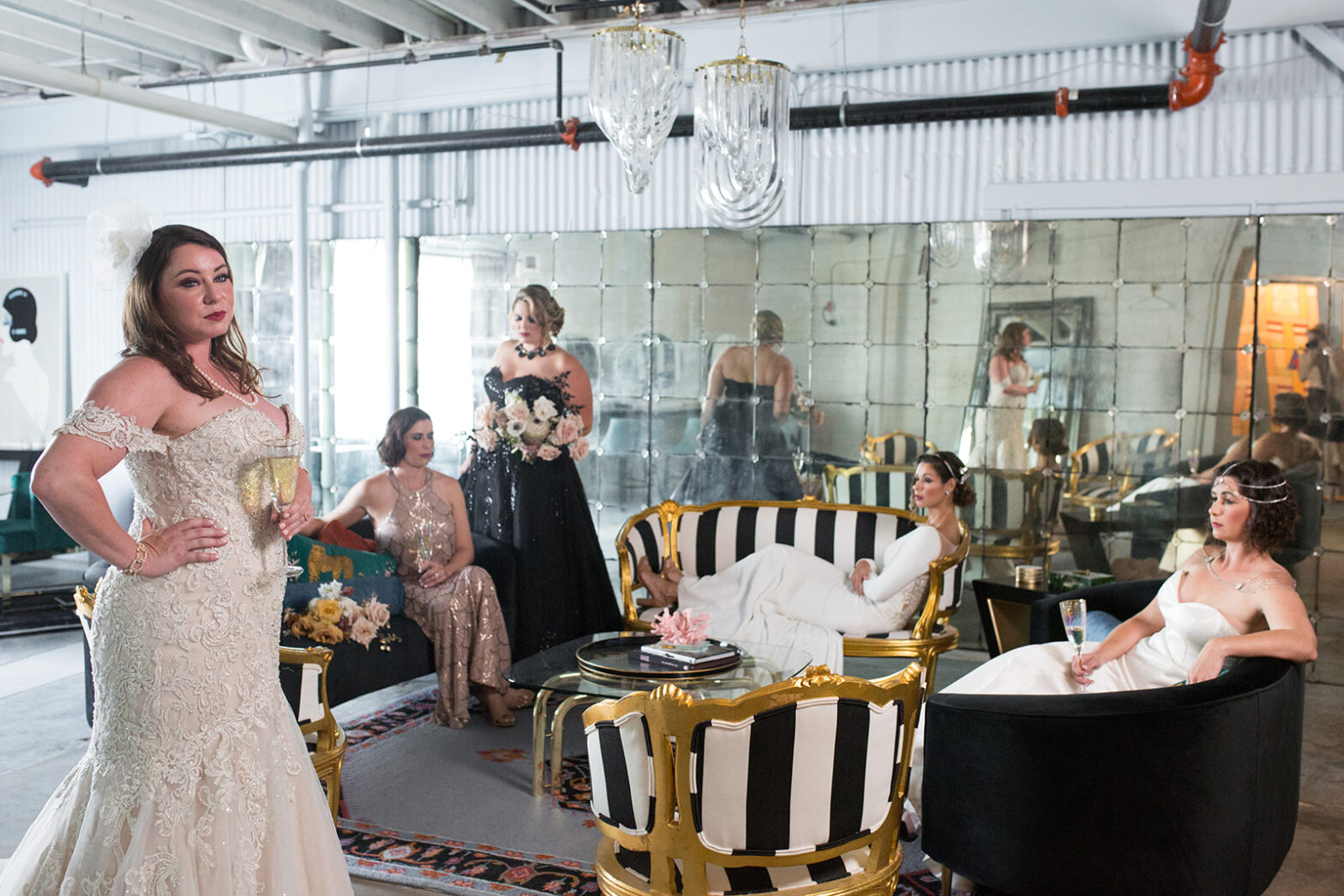 Weeding dresses including a Black wedding dress from the Bliss Noir collection during a styled photoshoot at The Ostreum in Fort Worth.
