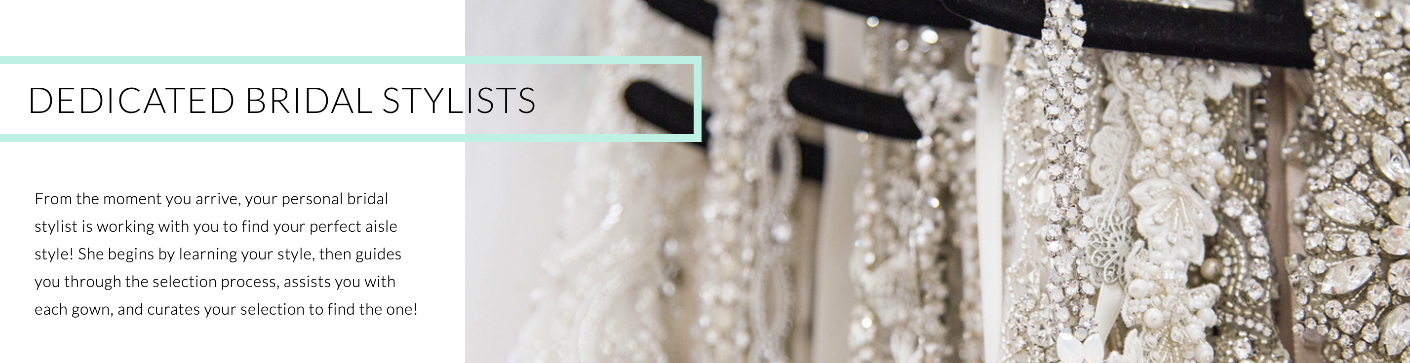 Display of bridal sparkles and belts at Bliss Bridal Salon with personalized stylist support